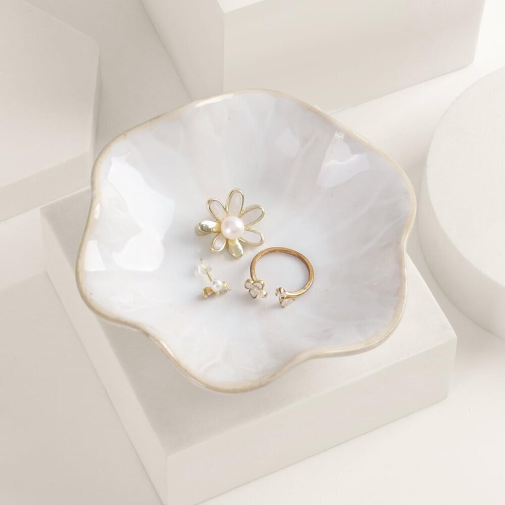 White Ceramic Jewelry Dish Lotus Leaf Trinket Tray Ring Holder Decorative Bowl